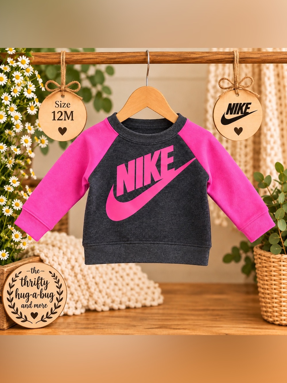 💕 Nike Baby Girls Pink & Charcoal Crewneck Sweatshirt – Size 12M